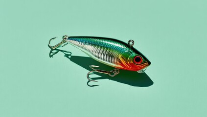 Fishing lure, metallic scales, teal background