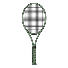 A tennis racket in a muted green and black, in vector style with white isolated background.

