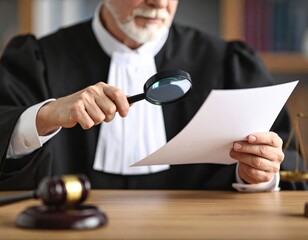 Judge meticulously examines legal document with magnifying glass, seeking truth and justice in courtroom