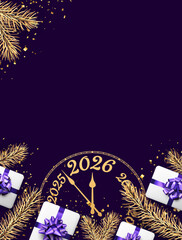 Luxury-themed 2026 countdown with gold clock, golden pine, and purple gift bows. Vector illustration for New Year.