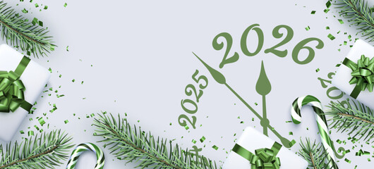 Festive clock nearing 2026 with green bows, candy canes, and pine branches. Vector illustration for New Year themes.