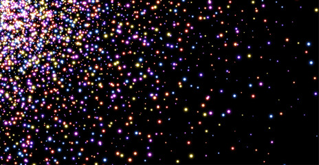 Vector illustration of multicolored glowing lights scattered on dark background, creating a festive, starry and magical atmosphere.