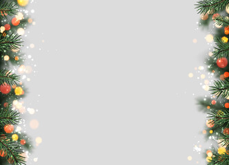 Festive holiday background with pine branches, glowing lights, and ornaments forming a decorative frame. Perfect for Christmas and New Year greeting cards or invitations. Vector illustration.