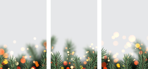 Vector illustration of pine branches with glowing bokeh lights in a triptych layout, perfect for festive cards and backgrounds.