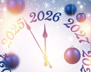 Colorful clock and hanging ornaments mark the countdown to 2026 in a snowy holiday scene. Vector illustration.