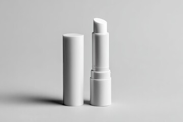 A white, glossy lip balm tube, open, sits against a plain gray background