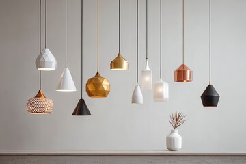 Modern pendant lights in various shapes and metallic finishes, hanging against a neutral wall