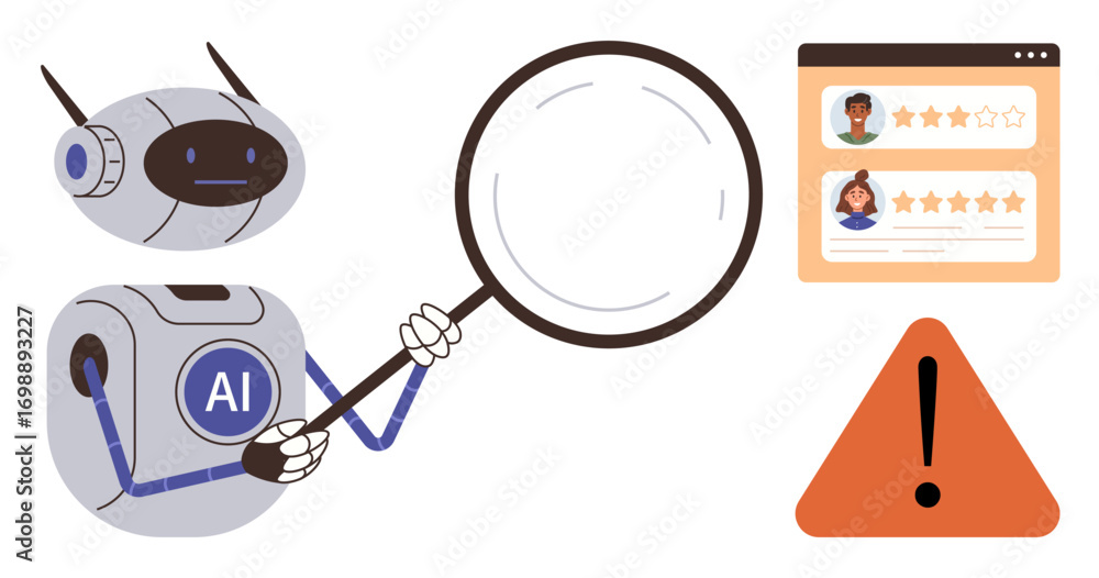 Poster robot labeled ai holding magnifying glass examining user reviews with star ratings on a browser wind