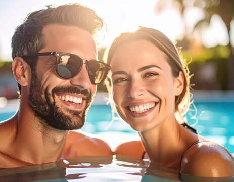 Joyful couple sharing a sunny vacation moment, laughing together in a sparkling blue swimming pool