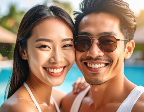 Joyful Asian couple embracing by pool, radiating happiness and summer vacation vibes