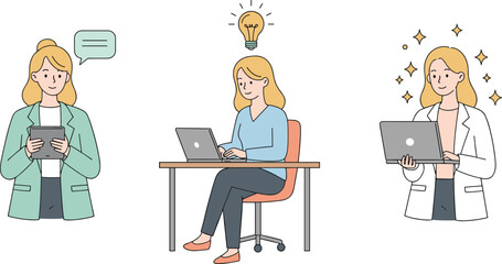 Set of confident business women using digital devices, working on laptop and tablet, productivity, communication, and idea generation concept with technology and workplace inspiration