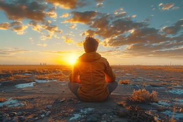 Individual meditates while watching sunset over the horizon in a tranquil landscape during golden hour