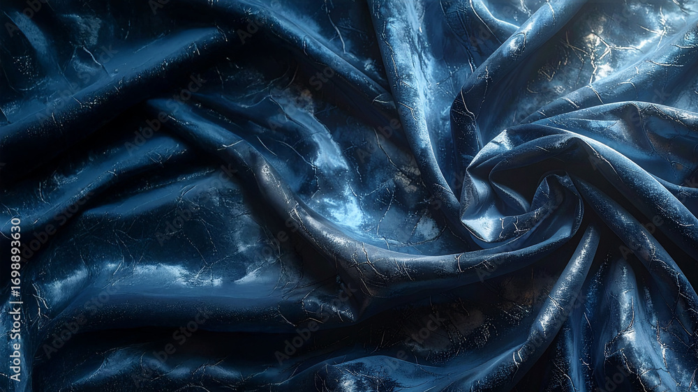 Aufkleber a captivating close-up of a deep blue fabric with a crinkled, slightly metallic, and subtly textured