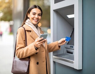 Happy woman uses smartphone and ATM card for easy banking transactions on a bright day
