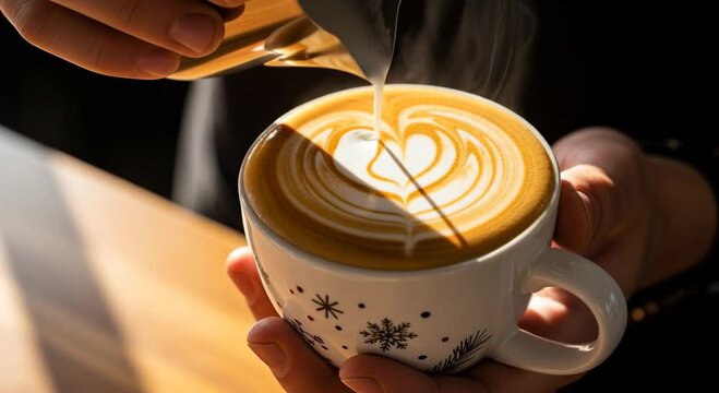 Creating a latte art heart in a mug of coffee