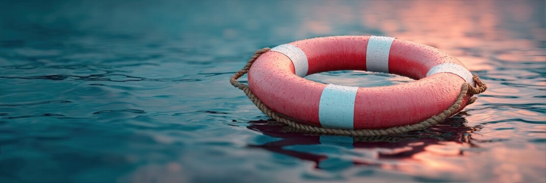 A red life preserver floats on rippled water, bathed in soft, golden light