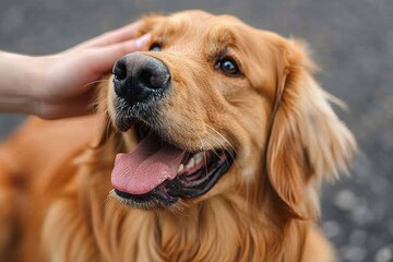 Obraz premium Friendly golden retriever enjoying a warm day while being petted by a person