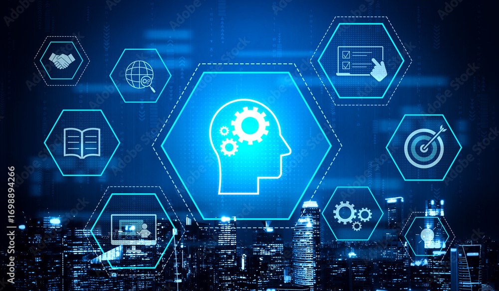 Poster head with gear and icons representing learning, digital training, and development process, showing s
