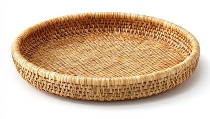 Round woven basket, light beige color, shallow,  empty,  isolated on white