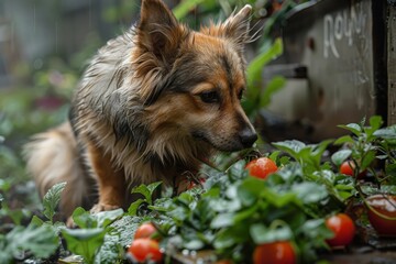 Dog explores garden filled with ripe tomatoes during a rainy day