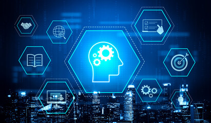 Head with gear and icons representing learning, digital training, and development process, showing skill growth for human or AI systems through knowledge or task optimization Vouch