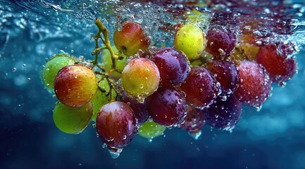 Fresh grapes submerged in water, surrounded by bubbles