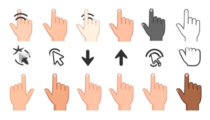 Obraz premium Various hand cursor shapes and icons in a variety of colors, including light and dark skin tones, depicting different actions.
