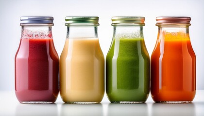 assortment of healthy fresh fruit and vegetable smoothies in glass bottles on a white background