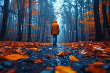 Person walks through a misty autumn forest with colorful leaves and light rain in a serene atmosphere