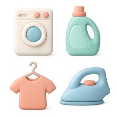 Claymorphism laundry icons set of 4, pastel 3D washing machine detergent bottle clothes hanger and steam iron, isolated PNG for household cleaning and clothing care visuals
