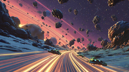 A futuristic space scene with vehicles speeding across a landscape dotted with asteroids and planets, under a colorful sky filled with stars