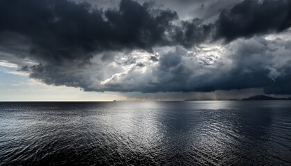 Obraz premium dark dramatic clouds over calm water reflecting distant light