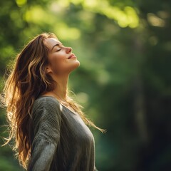 Relaxed woman breathing fresh air in a green forest