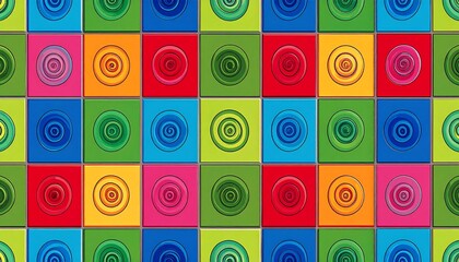 A vibrant pattern of colorful squares, each containing a swirling concentric circles design.
