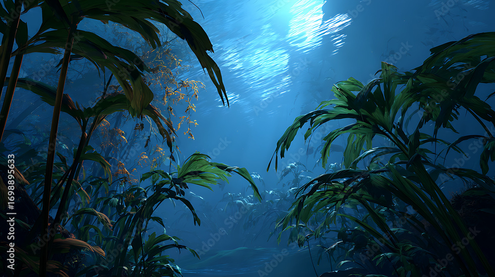Aufkleber underwater jungle with sun rays filtering through the surface, creating a serene and ethereal atmosp