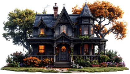Fototapeta premium A dark and ornate Victorian-style home stands out against an autumnal backdrop, its windows illuminated with a warm, inviting glow.