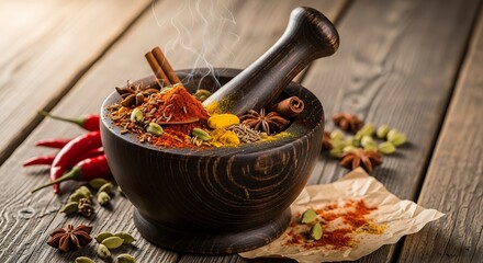 Wooden mortar and pestle filled with fragrant spices and chilies creating aromatic steam on rustic wooden table a culinary concept for traditional Indian cuisine
