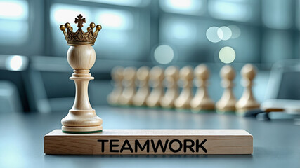 Symbolizing success through teamwork, a pawn crowned with ambition stands out, showcasing unity in strategy and motivation