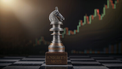 Creative Strategies for Financial Success Illustrated by a Chess Knight on Stacked Coins Against a Rising Market Backdrop