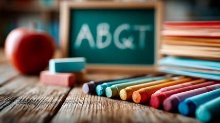 School supplies still life. Classroom scene displays colorful chalk, books, an apple, and a chalkboard with letters on a wooden desk.