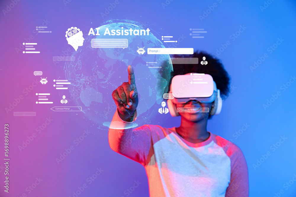 Poster a young individual engages with an ai assistant in a vibrant virtual reality space. this image repre
