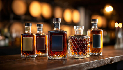 Liquor bottles on a wooden bar. Five liquor bottles of various shapes sit on a rustic wooden bar. Blurred lights and barrels are in the background.