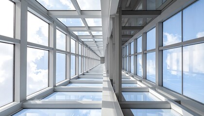 Modern architectural walkway with expansive sky views through numerous large windows.