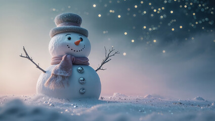 Creating a cheerful snowman in a snowy landscape during the holiday season near Christmas and New Year festivities