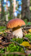 Large edible mushroom in forest bed of moss and pine needles