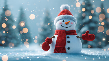 Charming snowman in a winter landscape celebrating Christmas and New Year festivities with twinkling lights