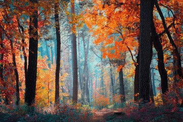 Fototapeta premium Autumnal forest path bathed in vibrant hues. A misty, colorful woodland scene