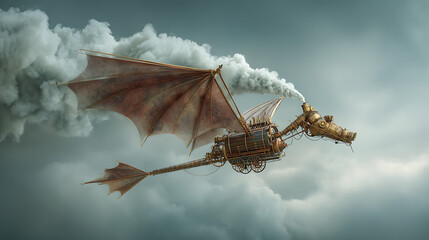 A fantastical steampunk dragon soars through a cloudy sky, its mechanical wings spread wide, trailing smoke as it navigates the air with a determined grace