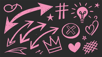 Graffiti Style Hand-Drawn Pink Symbols and Shapes on Black Background – Arrows, Stars, Hearts, Crown, Sketch Elements