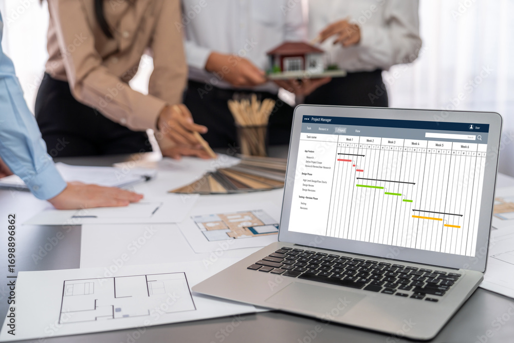 Poster group of interior architect designer discussing together on blueprint and laptop screen display arch